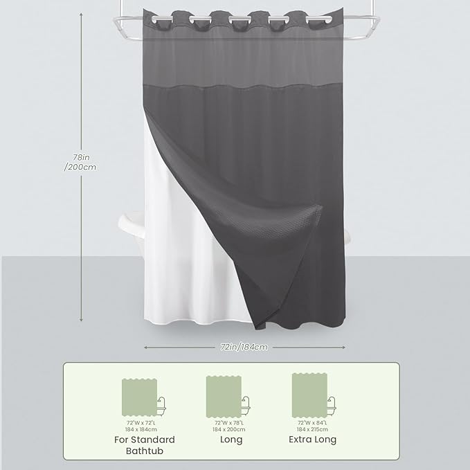 Inhousolu Long No Hook Shower Curtain with Snap in Fabric Liner Set Waffle Weave 230GSM Weighted Hem, Waterproof & Washable Bathroom Curtain Spa Luxury with Mesh Top Window 72"W x 78"L Graphite Grey