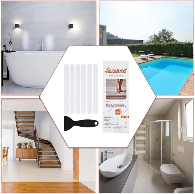 Anti Slip Shower Stickers 24 PCS Safety Bathtub Strips Adhesive Decals with Premium Scraper for Bath Tub Shower Stairs Ladders Boats