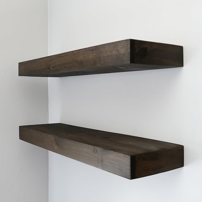 Urbandi Modern Floating Shelves 3 Inches Thick for Wall, Wide Shelves for Kitchen, Living Room, Bedroom, and Bathroom, Natural Pine Wood, Rustic Wooden Shelf, (Set of 2) (Jacobean, 48Lx3Hx6D)