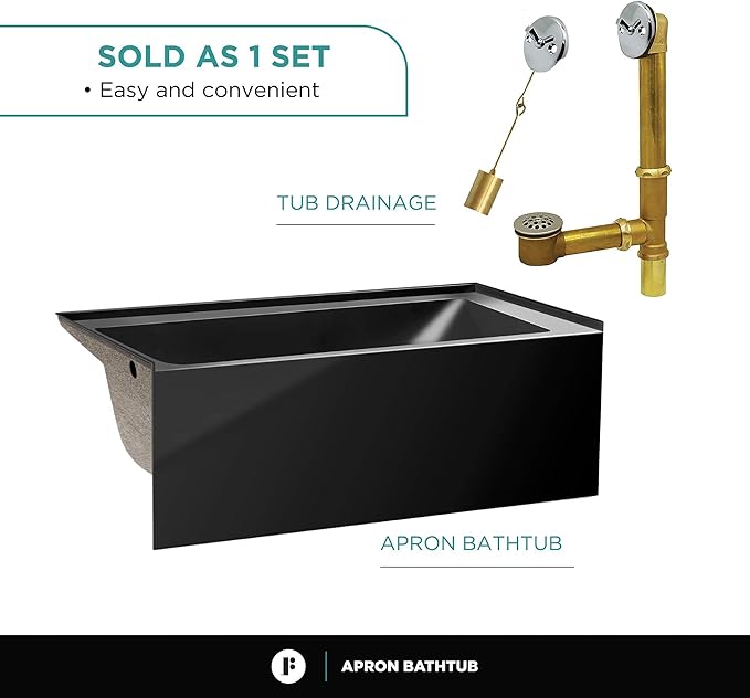 Fine Fixtures Acrylic, Fiberglass Alcove Soaking Bathtub with Integral Apron Front - Drain Included (60" x 30", Left Hand, Black)