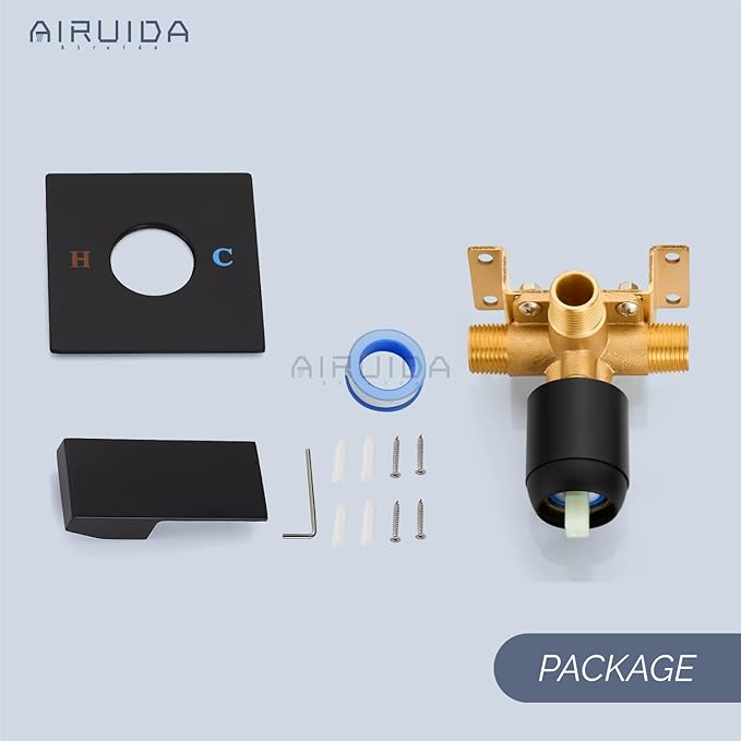 Airuida Square Single-Function Brass Faucet Shower Rough-in Valve Male Thread Bathroom Trim Kit Single Handle Tub Shower Valve 4.3 Inch Cover Plate Matte Black