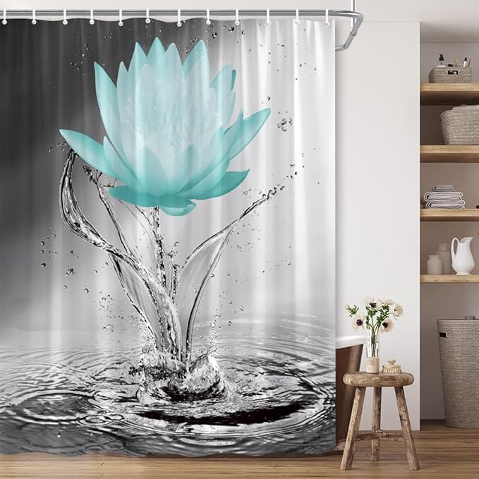 Lotus Shower Curtain Black White Grey Teal Flower Elegant Blooming Floral with Dew Spring Flower Reflection on Water Modern Romantic Polyester Fabric Bathroom Decor 36×70 Inch with Hook