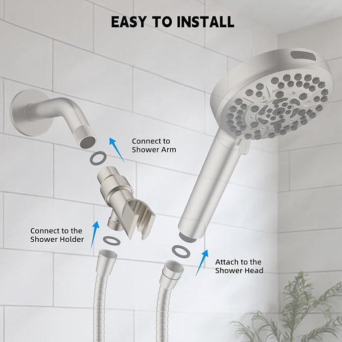 Hibbent Universal All Metal Handheld Shower Head Holder, Adjustable Solid Brass Shower Wand Holder, 2 Size Shower Bracket Holes for Bathroom, Fits All Showerhead Hoses & Shower Arm, Brushed Nickel