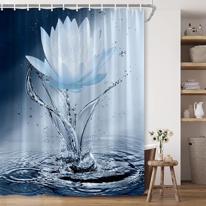 Lotus Shower Curtain Blue Flower Elegant Blooming Floral with Dew Spring Flower Reflection on Water Modern Romantic Polyester Fabric Bathroom Decor 86×70 Inch with Hook