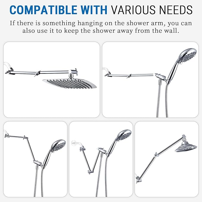G-Promise 18 Inch Shower Head Extension Arm, Solid Brass Height & Angle Adjustable Extender, Rise or Lower Rainfall and Fixed Shower Head (Chrome)