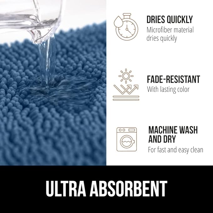 GORILLA GRIP Bathroom Rug Sets, Soft Chenille 2 Piece Area Rugs Set, Toilet Base Mat and 30x20 Carpet, Absorbent Microfiber Washable Mats Dry Quickly, Home Décor and Bath Room Accessories, Blue