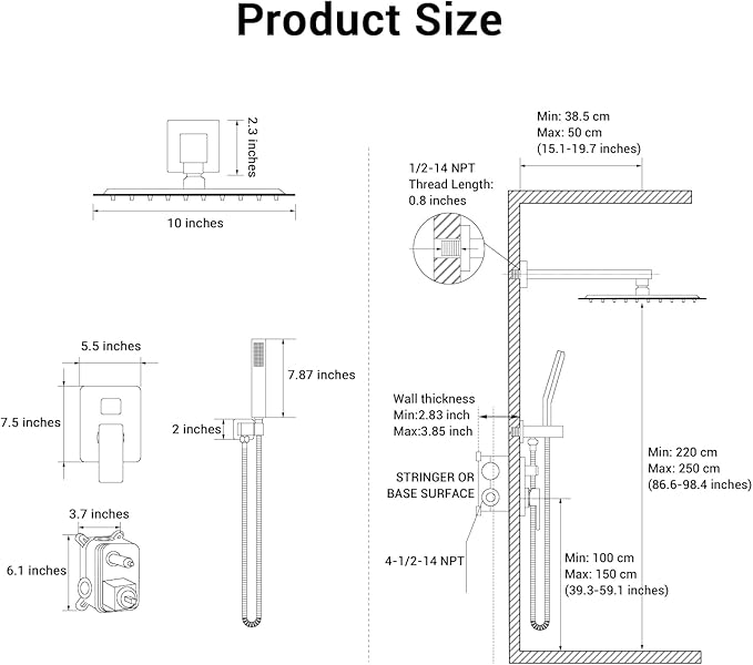 Shower Faucet set with Shower head, Wall Mount 10 Inch Square Rainfall Shower Head and Handle Set Single Handle Shower System Set with Female Threads Valve Body and Trim Included (Brush Gold)