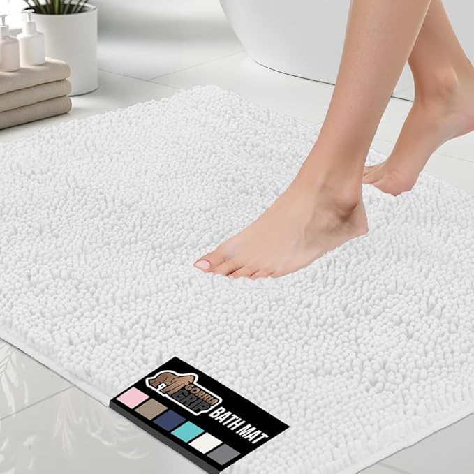 GORILLA GRIP Bath Rug Mat 30x20, Thick Soft Absorbent Chenille, Quick Dry Microfiber Mats, Rubber Backing Washable Shower Floor Rugs, Bathmat Runner, US Designed Bathroom Home Decor Accessories White