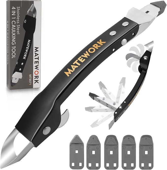 Caulking Tool Kit, Stainless Steel Caulk Remover Tool, 4 in 1 Grout Removal Tool, Sealant Finishing Tool with 5 Silicone Pads, Caulk Removal Tool for Shower Kitchen Bathroom Floor Window Sink, Black