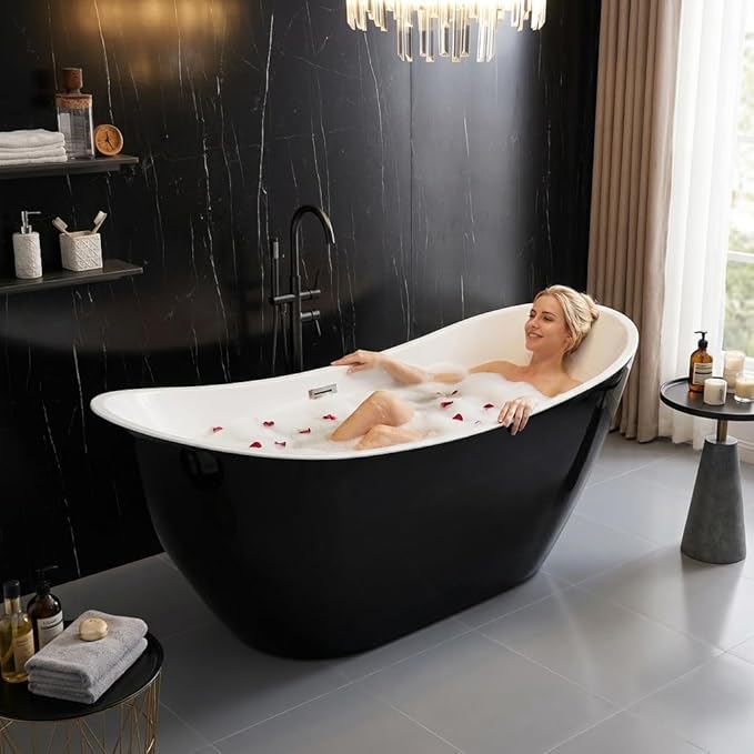 59" Freestanding Acrylic Bathtub, Deep Soaking Tub with Non-Slip Base & Chrome Drain, cUPC Certified, Black Ingot