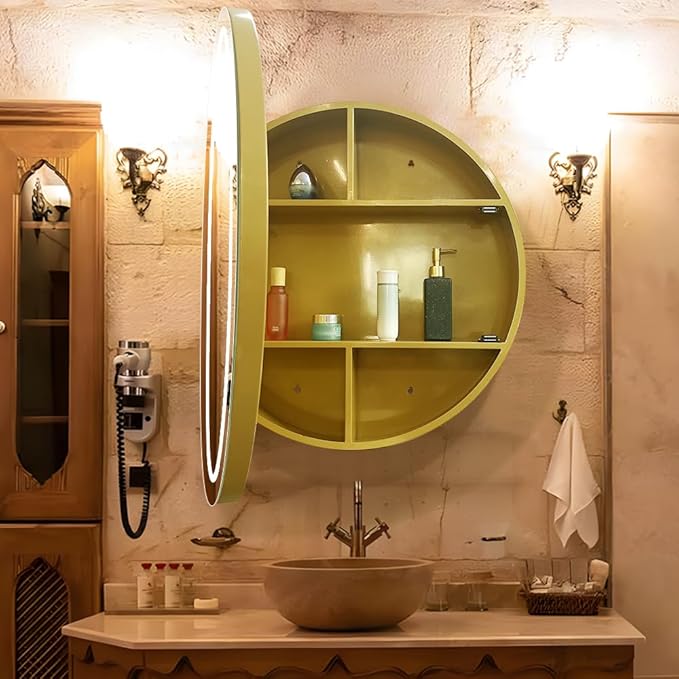 30 inch Round Medicine Cabinet with Lights,Led Medicine Cabinet with Defogger,Illuminated Mirror Cabinet for Bathroom,Dimmable,Defogger,3 Color Temperature 3000k-6500k Gold