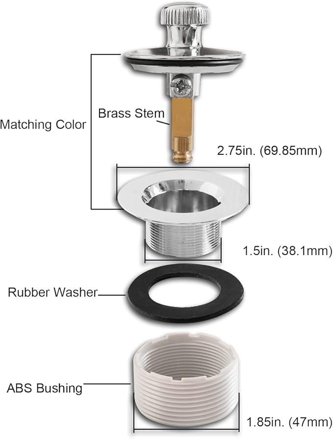 Lift and Turn Bathtub Drain Stopper with ABS Plastic Bushing, Fits in 1-1/2 Inch or 1-3/8 Inch Inner Bathtub Shoe, Easy to Install, Plated Chrome