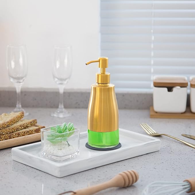 Gaussra Soap Dispenser with Coaster and Stickers, Brushed Gold Stainless Steel Glass Hand Pump Dispenser, Anti Rust Bottle, for Kitchen & Bathroom Detergent Bottle，Refillable Hand Liquid Dispenser