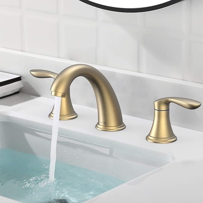 Bathroom Sink Faucet, Dual Handle Widespread Bathroom Faucet 3-Hole Design with Brushed Gold Finish, Includes Pop-Up Drain and cUPC Certified Lead-Free Hoses (Brushed Gold)