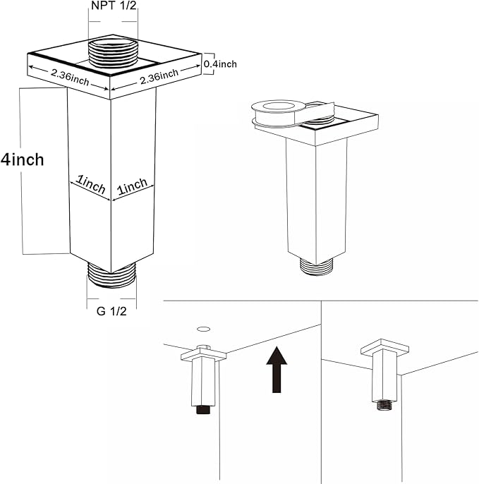 Chrome Shower Arm, 4 inch, Ceiling Mount Square Straight Shower Extension Arm with Flange