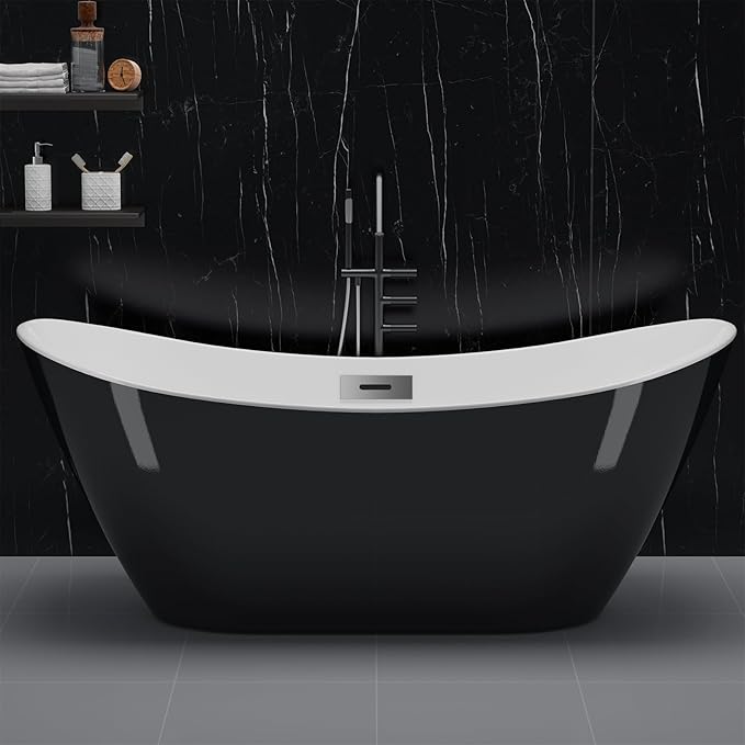 67''Acrylic Freestanding Bathtub, Soaking Tub, Stand Alone Bathtub with Chrome Drain and Overflow, Modern Deep Upright Bath Tub for Bathroom, Easy Clean, Elegant Style, Black