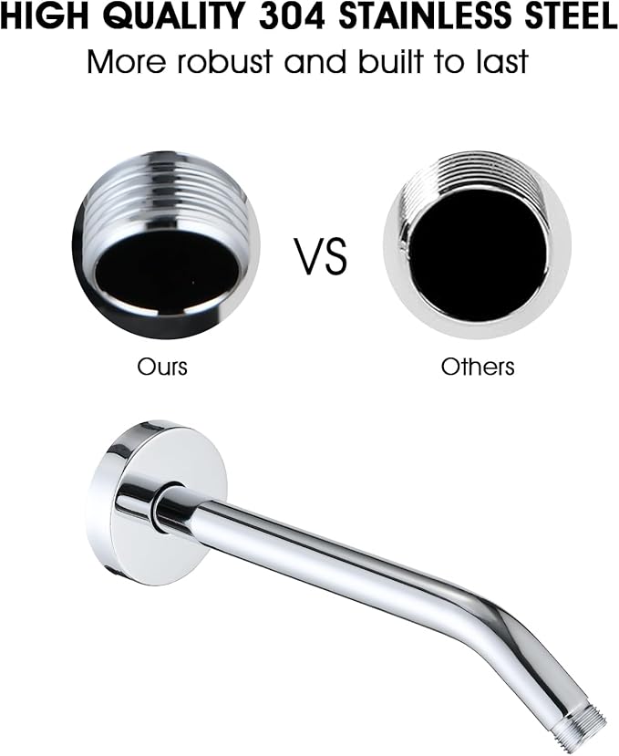 10 Inch Shower Arm with Flange and Stabilizer Bracket, Wall Mounted Shower Pipe Arm 304 Stainless Steel For Fixed Shower Head & Handheld Showerhead, Chrome