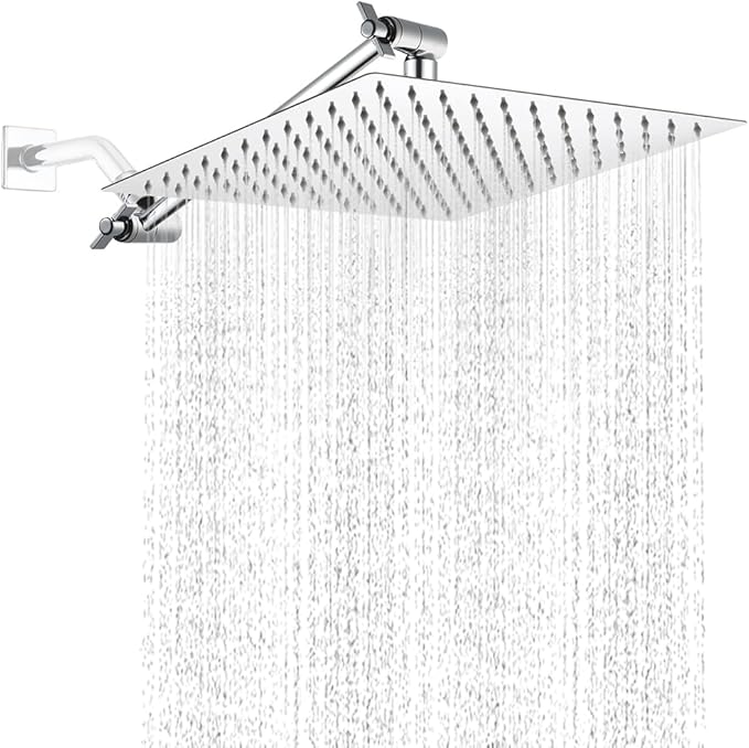 POP SANITARYWARE 12 Inch Shower Head with Adjustable Extension Arm, Stainless Steel Rainfall Showerhead with Shower Arm Extender, Waterfall fixed Showerheads, Chrome