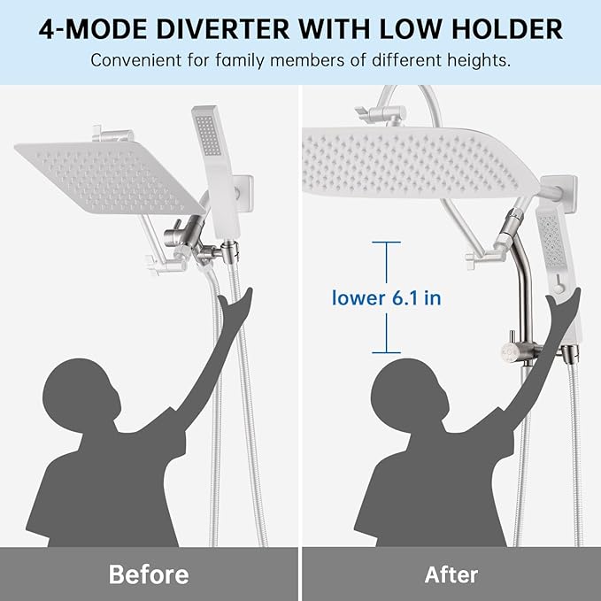 G-Promise All Metal 16 Inch Shower Head with Massage Mode Handheld, Rain Shower Head with Handheld Spray Combo, 3-Way Diverter with Pause Setting, 13 Inch Adjustable Extension Arm (Brushed Nickel)