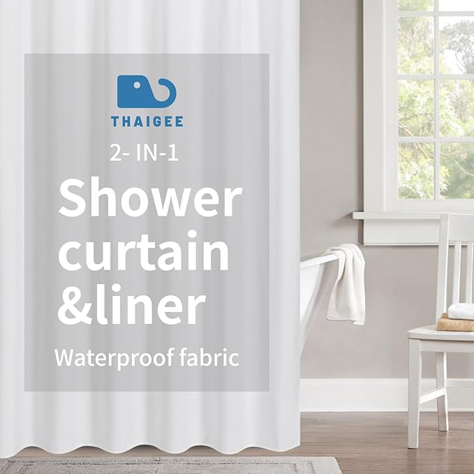 2-in-1 Waterproof Extra Long Fabric Shower Curtain or Liner,Linen Textured,84 Inch Breathable TPU & Washable Bathroom Shower Curtain Set with 12 Plastic Hooks,Modern,72"x84",White