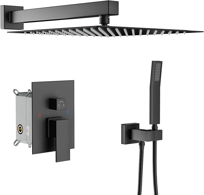 Lordear Rain Shower System 12 Inch Shower Head Faucet Set Matte Black Stainless Steel Square Wall Mounted Rainfall Shower Head with Handheld, Solid Brass Valve Included