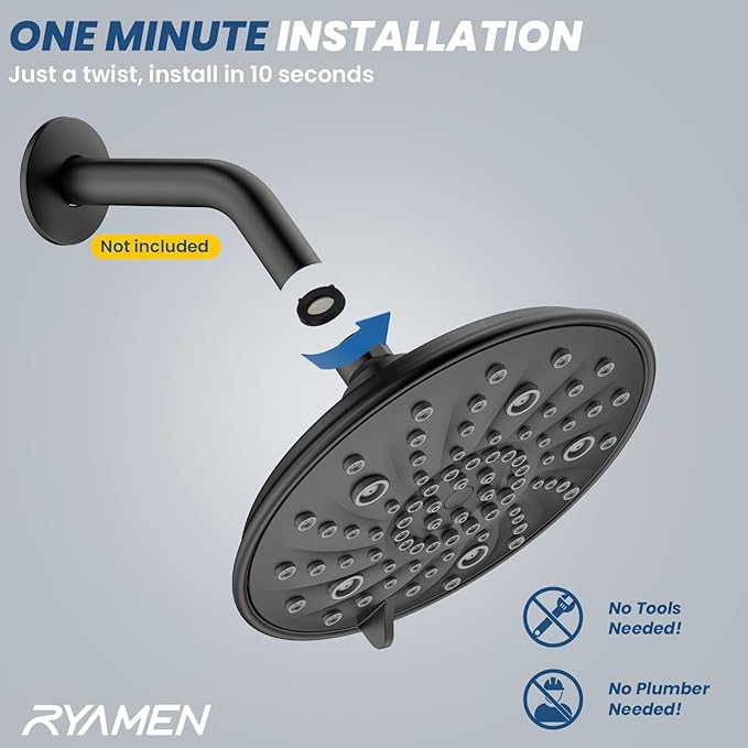 Ryamen Filtered Shower head, Rain Shower Head with Filter, High Pressure Shower Filter Head for Hard Water, 99% REMOVAL for Chlorine, Heavy Metals, Improves Skin & Hair (Unfiltered, Black)