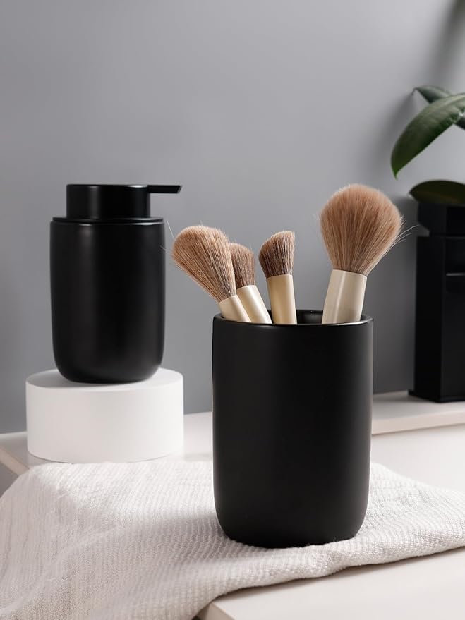 Bosilunlife Soap Dispenser and Toothbrush Holder Set - Dish Hand Soap Dispenser Bathroom Set Ceramic Bathroom Counter Soap Toothbrush Holder Set Black Bathroom Accessories Set