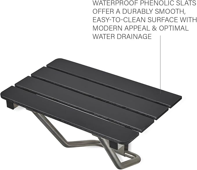 18-inch x 15-inch ADA Folding Wall Mount Bathroom Shower Seat Bench, Black Slatted Phenolic Seat