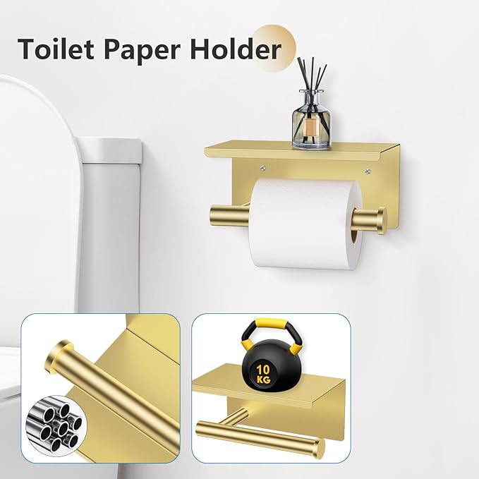 TNOMS 5-Piece Towel Bar Set Brushed Gold Bathroom Hardware Accessories Set Include 23.6in Towel Bar Toilet Paper Holder Towel Ring Towel Hooks Stainless Steel Towel Holder Set Wall Mounted