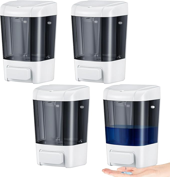 Hushee 4 Pcs Plastic Wall Mounted Soap Dispenser Commercial Manual Soap Containers Wall Dispenser for Kitchen Shower Hotel Liquid Shampoo Gel Chamber(27 oz 800 ml,Brown)