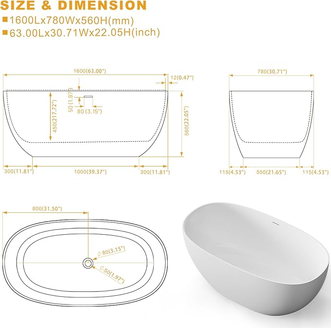 Stone Resin Freestanding Bathtubs,Soklawah 63" Solid Surface Luxury Soaking Tub,Oval Stand Alone Bathroom Bath tub with Drain & Integrated Slotted Overflow,Matte White Elegant Soaker Free Standing Tub