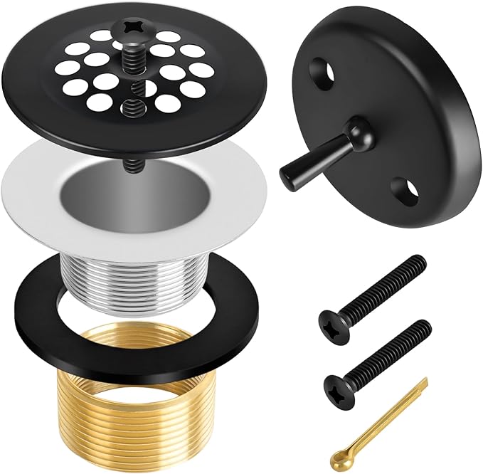 Matte Black Trip Lever Bath Tub Drain Kit, Universal for 1-1/2" and 1-3/8" Bathtub Drain Replacement, No Putty Installation Tub Drain Set with Trip Lever Overflow Faceplate and Strainer, Tub Trim Kit