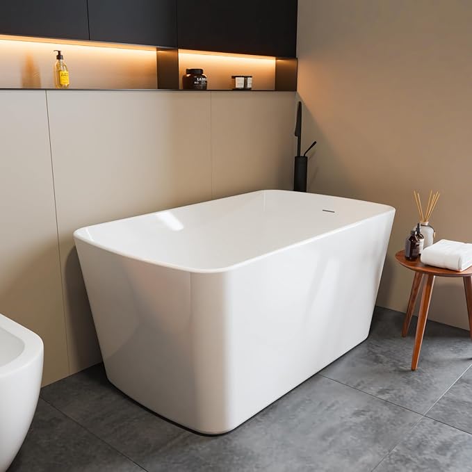 49 Inch Acrylic Freestanding Bathtub, Soaking Bathtub with Matte Drain and Overflow, cUPC Certified, Modern Square Tub with Deep Ergonomic Design and Double-Walled Insulation for Bathroom Use, White