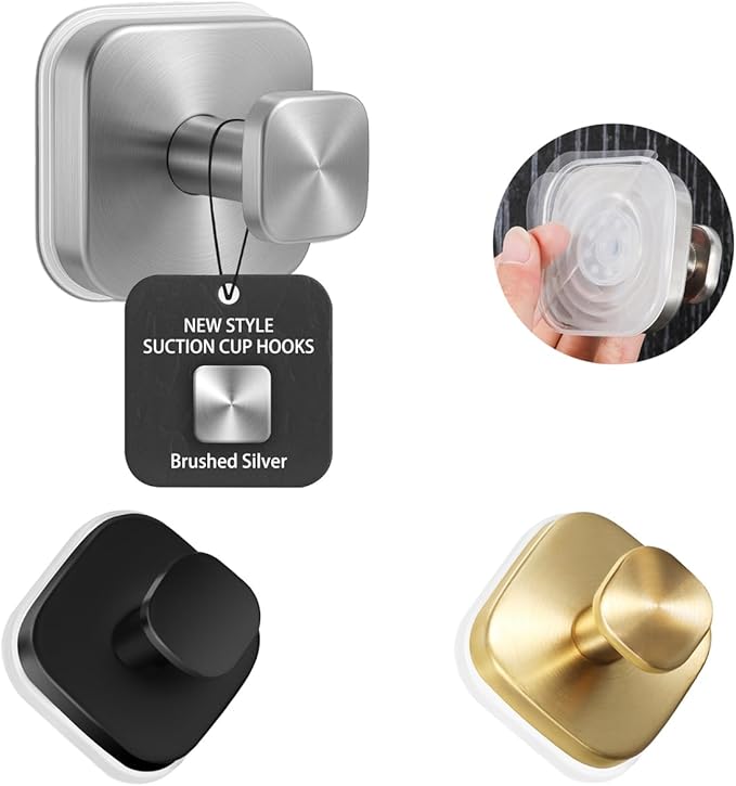 4Pcs Square Suction Cup Hook, 304 Stainless Steel Shower Hook, Removable Suction Cup Knob for Shower, Bathroom, Kitchen, Glass Door, Mirror (Silver)