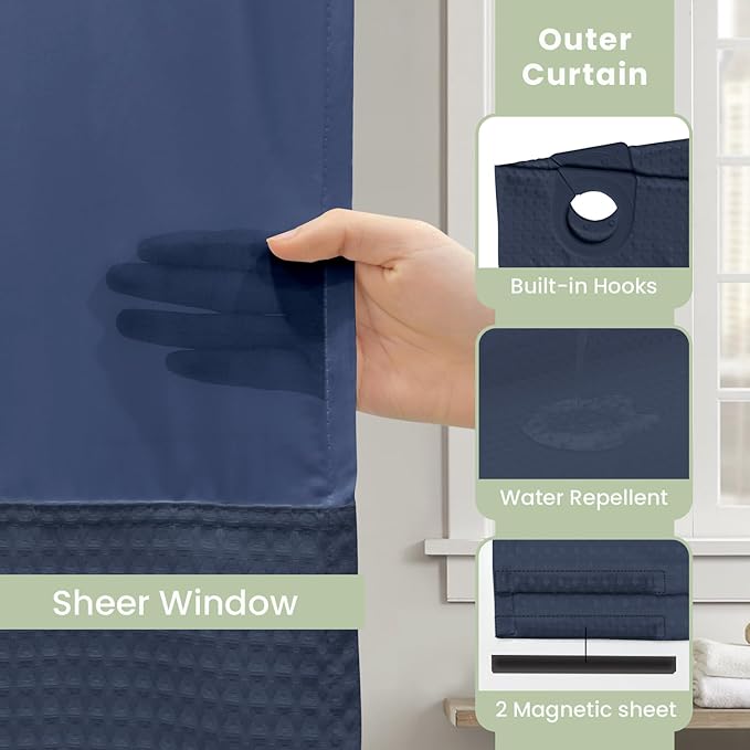 Inhousolu Long No Hook Shower Curtain with Snap in Fabric Liner Set Waffle Weave 230GSM Weighted Hem, Waterproof & Washable Bathroom Curtain Spa Luxury with Mesh Top Window 72" W x 84" L Navy Blue