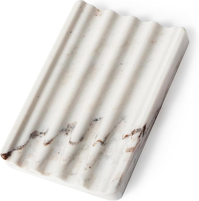 Koville Natural Marble Soap Dish for Shower, Stone Soap Tray for Bathroom, Bar Soap Holder for Sink, Stripe Grooves Saver Stone Dish Tray Keep Bars Dry Easy Clean(Palissandro Classico)