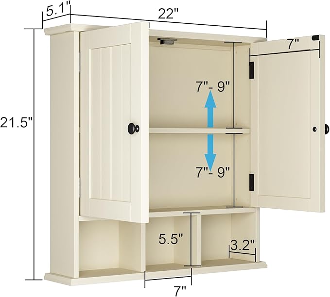 ChooChoo Bathroom Cabinet Wall Mounted 2-Door with 3 Open Shelves， Wooden Medicine Cabinets with Adjustable Shelf，Space Saver Storage Cabinets Over The Toilet for Bathroom&Living Room,Yellow