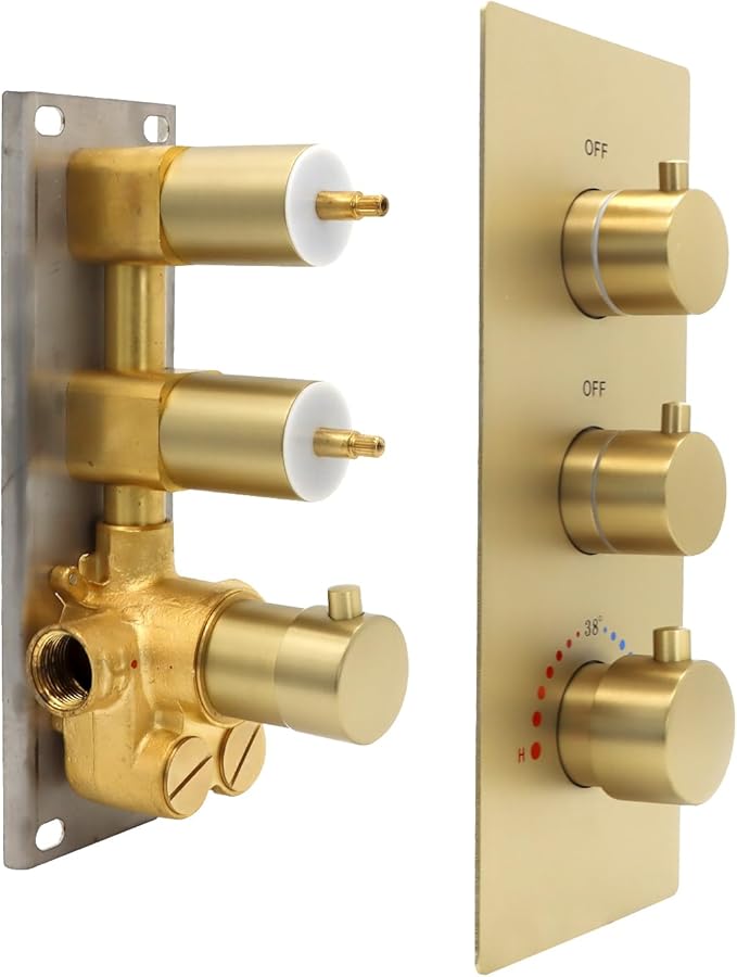 HOMEDEC 2 Way Shower Diverter Valve, Brass Dual Functions Thermostatic Shower Mixing Valve Kit 3 Handle Flow Control Valve, 3/4 Inch Inlet, Can Run Simultaneously(Brushed Gold)