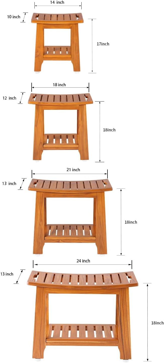 21" Standard Teak Shower Bench with Shelf & Handle - Waterproof, Non-Slip Bath Stool, 300 lbs Capacity - Fits Standard Tubs/Showers & Outdoor Use (Patented)