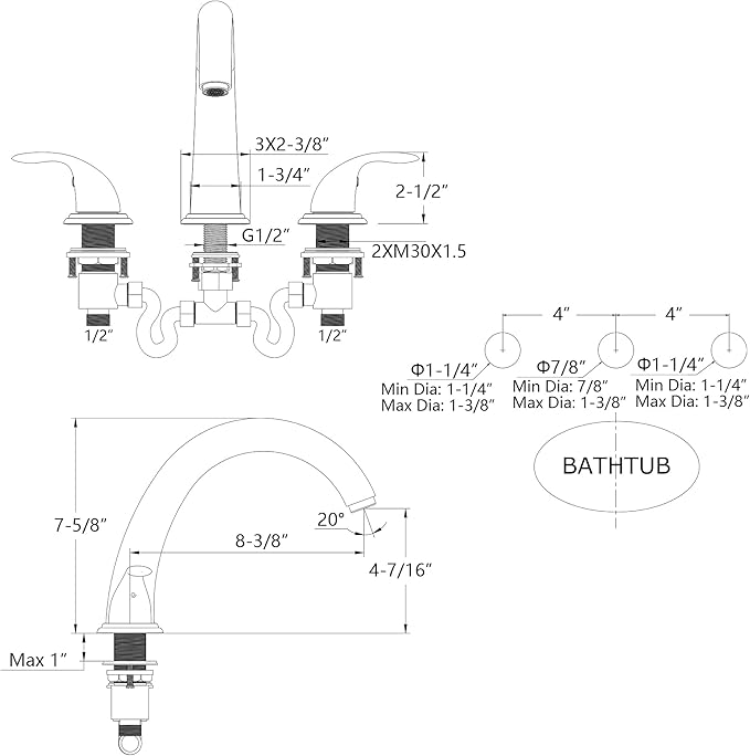 SUMERAIN Roman Tub Faucet Black and Gold Widespread 2 Handle Bathtub Faucet with Valve