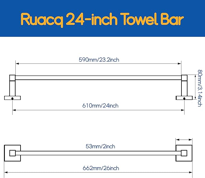RUACQ Towel Bar 24inch, Towel Racks for Bathroom, 304 Stainless Steel Towel Holder Wall Mounted, Heavy Duty Bathroom Decor Towel Rod (Brushed Nickel)