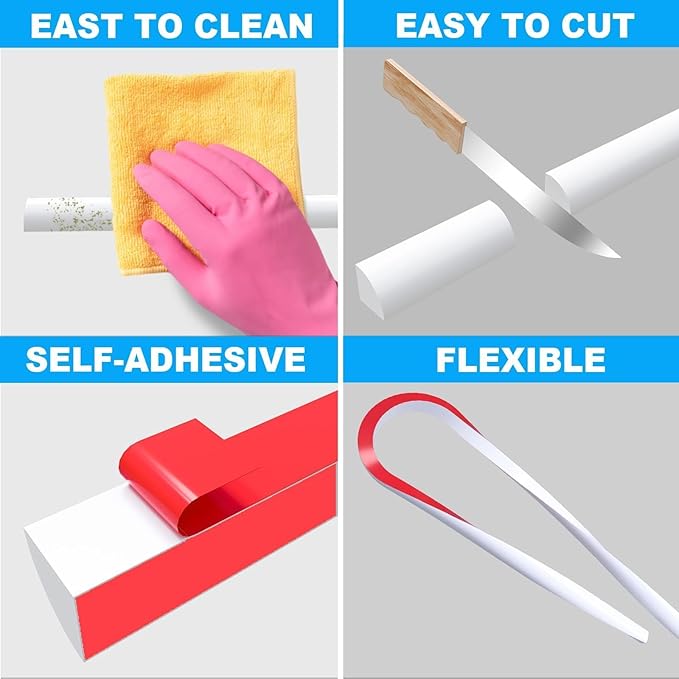Duzzy 98 Inch Flexible Quarter Round Molding, Peel and Stick Silicone Rubber Trim Suitable for Shower Pans Gap and the Base of Staircase
