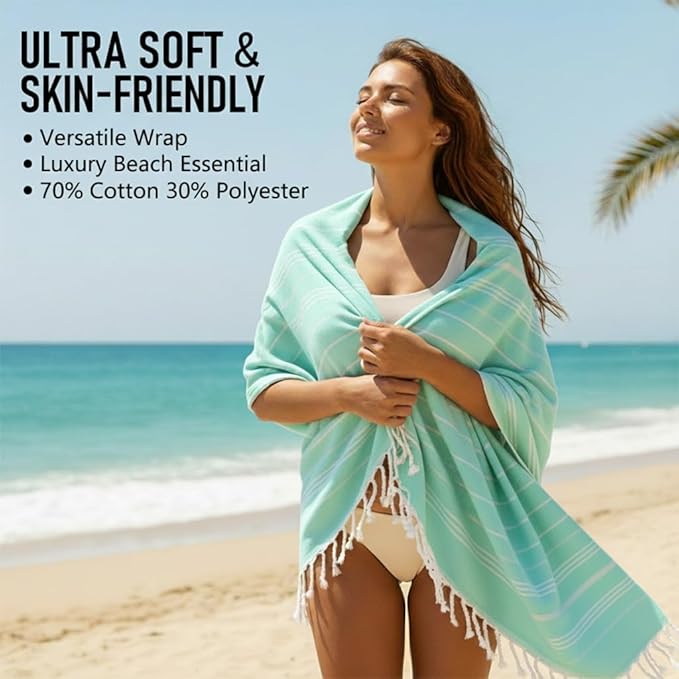 6 Pack Cotton Turkish Beach Towel Lightweight Thin Travel Vacation Essentials Oversized XL Towels Set for Pool Swim Bath Camping Cruise Accessories Must Haves Absorbent Quick Dry Sand Proof Gifts