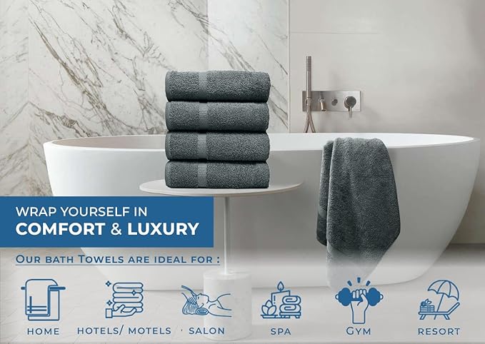 DAN RIVER Bath Towels Set of 4, 27 x 54 Inches, 100% Cotton, Larger & Lighter Weight, Quicker to Dry, Super Soft and Absorbent, Ideal Gray Bath Towels for Daily Use