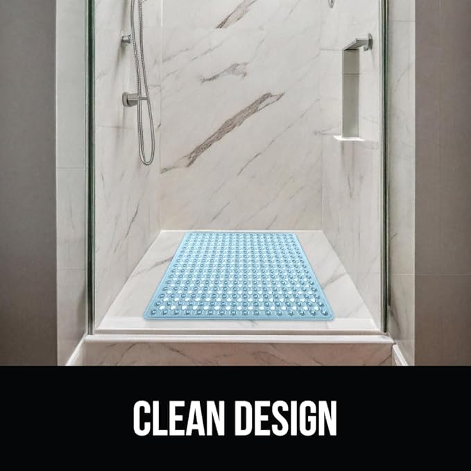 GORILLA GRIP Patented Square Shower Stall Mat, Small Bathtub Floor Mats for Stand Up Showers with Suction Cups and Drainage Holes, Machine Washable, Soft on Feet, Bathroom Accessories 21x21 Inch, Blue