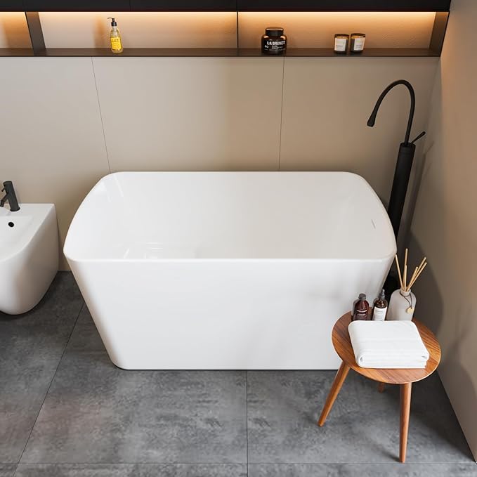 49 Inch Acrylic Freestanding Bathtub, Soaking Bathtub with Matte Drain and Overflow, cUPC Certified, Modern Square Tub with Deep Ergonomic Design and Double-Walled Insulation for Bathroom Use, White