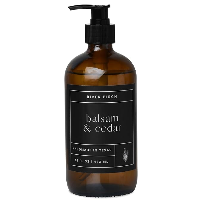 River Birch Balsam & Cedar Scented Natural Hand Soap -Handmade -Moisturizing Hand Wash with Amber Glass Dispenser - Luxury Scented Hydrating Hand Soap - Vegan and Non-Toxic -16 Fl Oz