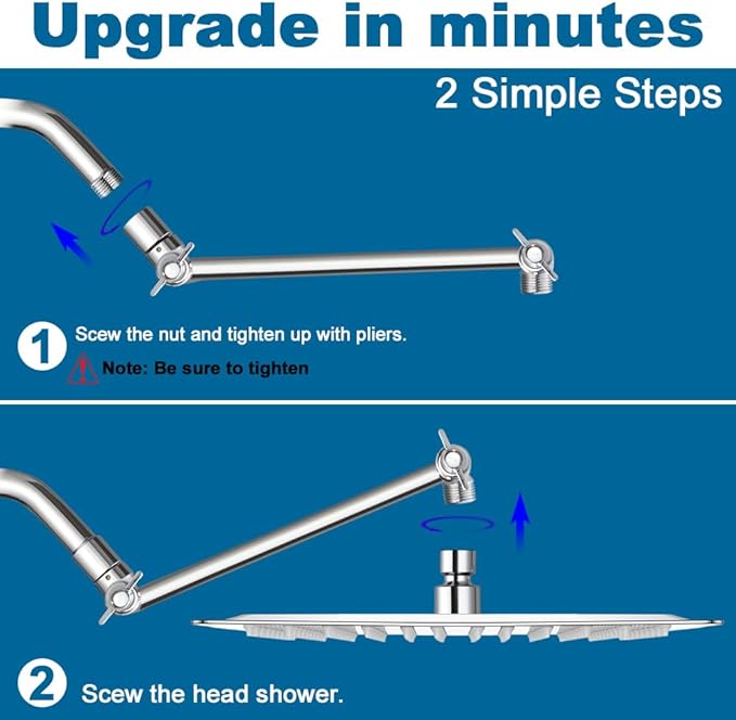 POP SANITARYWARE 12 Inch Shower Head with Adjustable Extension Arm, Stainless Steel Rainfall Showerhead with Shower Arm Extender, Waterfall fixed Showerheads, Chrome