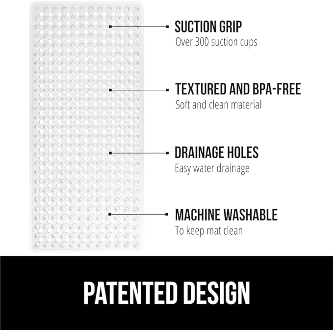 GORILLA GRIP Patented Bath Tub Shower Mat, Machine Washable Bathtub Floor Liner Mats, Suction Cups and Drain Holes to Keep Tubs Clean, Soft on Feet, Bathroom Essentials, 35x16 Inch, Clear