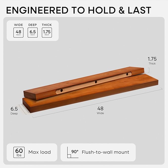 Homeforia 48 inch Oak Floating Shelf, High End Solid Real Wood 48inch Floating Shelves for Wall Mounted, Honey Oak Wooden 48in Large Floating Shelves, Heavy Duty Bracket, 48 X 6.5 X 1.75 in, Set of 2